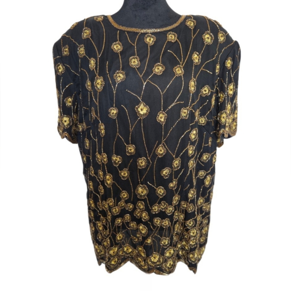Vintage Papell Boutique Black & Gold Silk Beaded Evening Blouse Size 2X